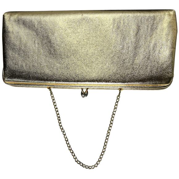 Vintage Gold Clutch Prom Purse Pocketbook 10" Kiss Lock Chain Strap Satin Glam - Picture 4 of 13
